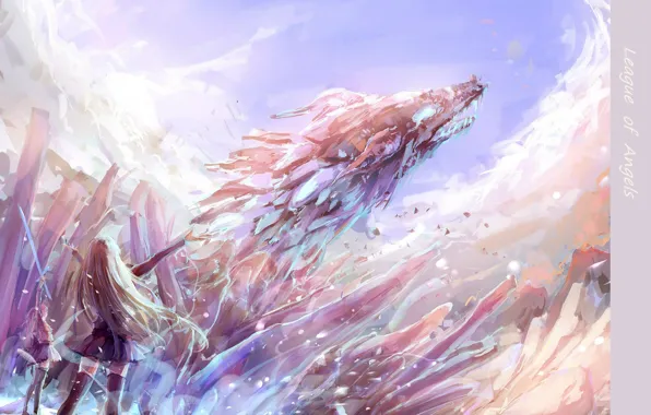 Crystals, long hair, call, blue sky, burning eyes, League of Angels, two girls, ice dragon
