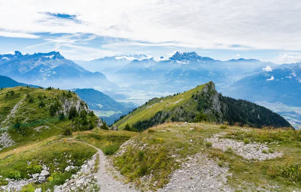 Forest, the sky, clouds, trees, mountains, stones, rocks, Switzerland