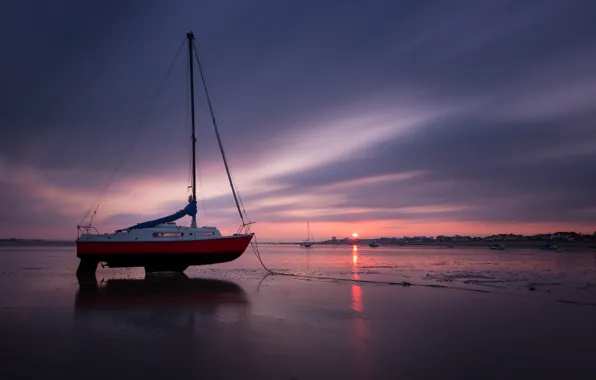 Sea, the sky, the sun, clouds, sunset, shore, the evening, Boat