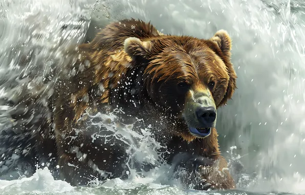 Picture Water, Bear, Face, Predator, River, Digital art, Brown bear, AI art
