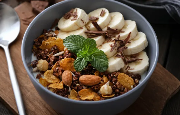 Chocolate, nuts, banana, mint, almonds, muesli