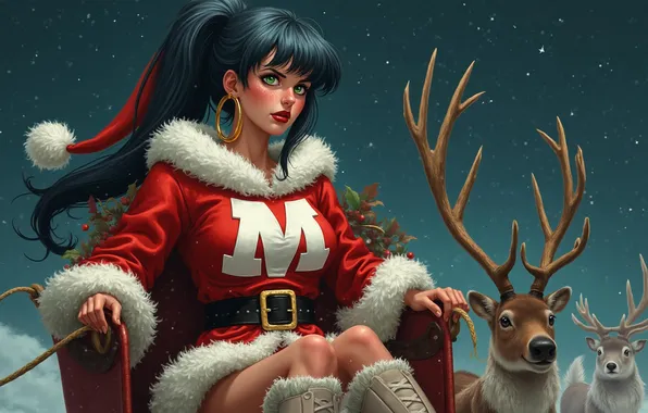 Picture New Year, brunette, reindeer, snow maiden
