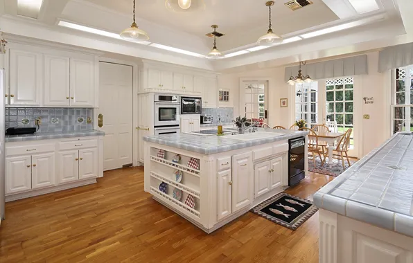 Windows, kitchen, mansion, lamps, cabinets