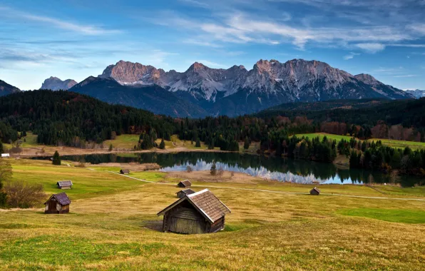 Field, autumn, forest, the sky, grass, clouds, mountains, yellow