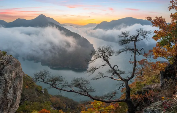 Picture autumn, clouds, landscape, mountains, nature, fog, river, vegetation