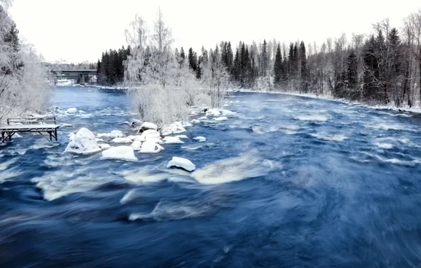 Winter, bridge, nature, river