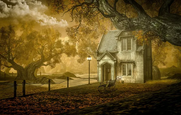 Autumn, the sky, clouds, trees, landscape, bench, nature, house