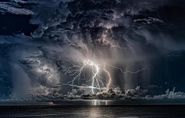 The storm, night, clouds, storm, element, lightning