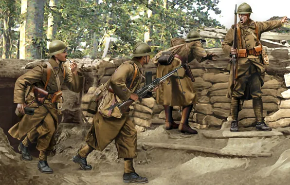 Picture art, soldiers, infantry, 11 Nov, 1918, 28 Jul, 1914, WWI.