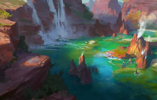 River, waterfall, bathing, art