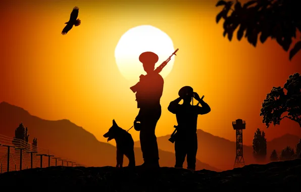 Border, key, art, soldiers, silhouettes, boundary, sunset, castle