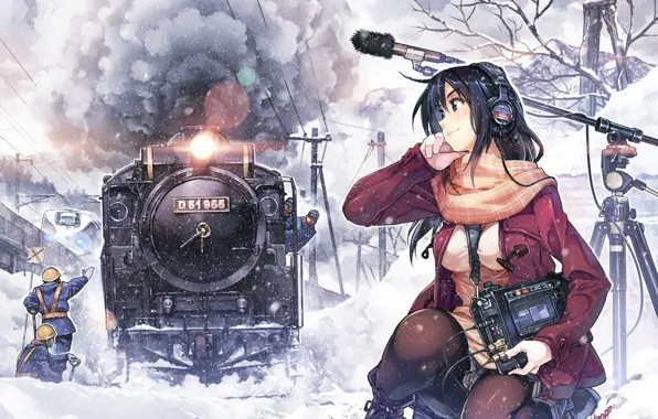 Picture winter, girl, snow, people, smoke, train, anime, headphones