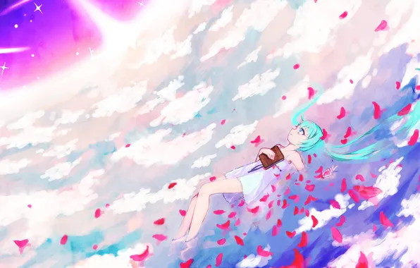 Water, girl, clouds, petals, art, book, vocaloid, hatsune miku