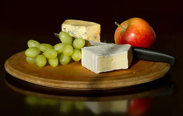 Apple, cheese, grapes, knife, still life