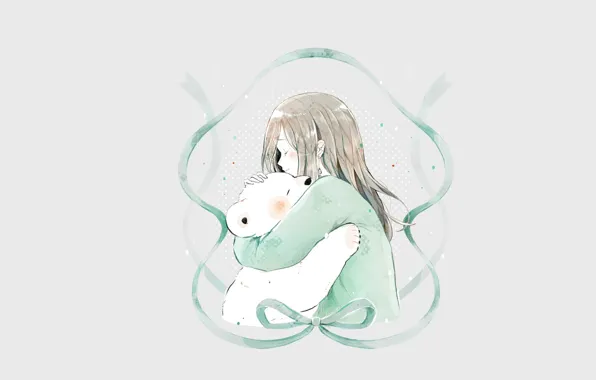Picture joy, hugs, girl, grey background, closed eyes, white bear, tape blue, by Sassa