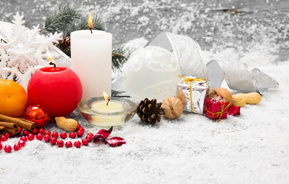 Snow, decoration, tree, candles, New Year, Christmas, gifts, Christmas