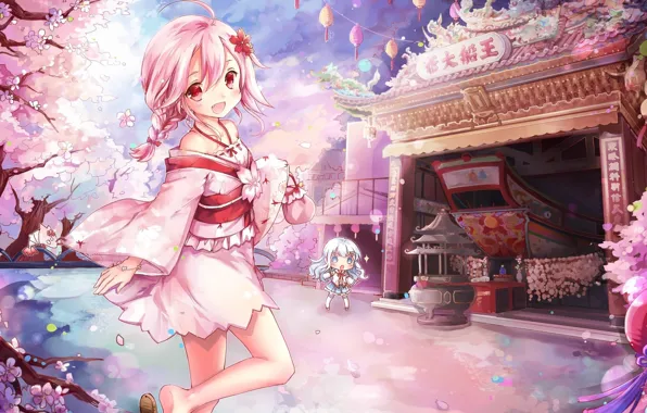 Spring, Sakura, temple, kimono, flowering, the altar, pink hair, two girls