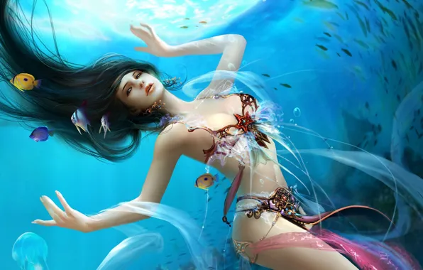 Sea, fish, mermaid, fantasy, fantasy, underwater world, mermaid, GBrush