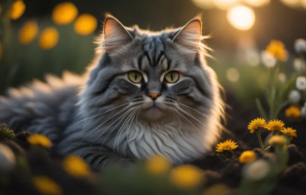 Cat, summer, cat, look, light, flowers, pose, kitty
