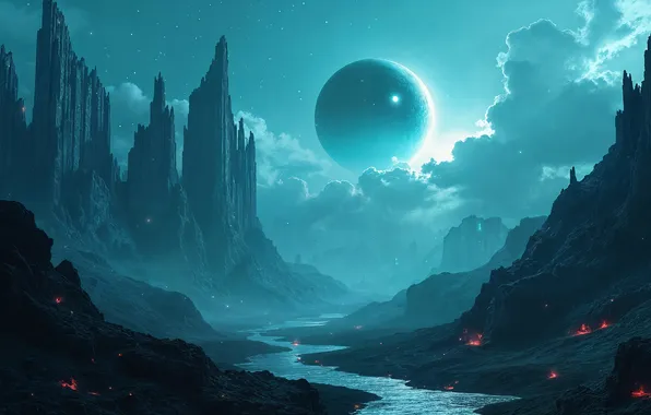 Clouds, mountains, night, fog, river, rocks, planet, fantasy