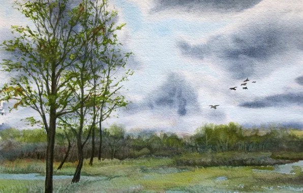 The sky, trees, landscape, clouds, bird, picture, canvas