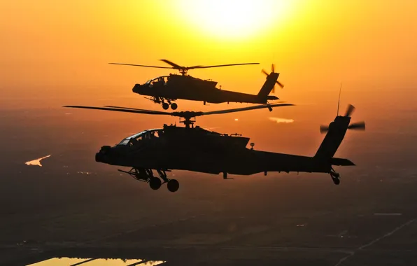 Picture the sky, water, the sun, earth, combat, helicopters, AH-64, U.S.