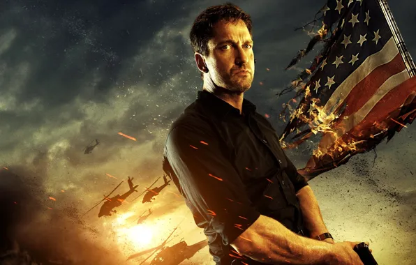 Flag, Gerard Butler, helicopters, Olympus Has Fallen, Olympus Has Fallen