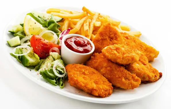 Lemon, chicken, lemon, tomato, ketchup, salad, French fries, chicken