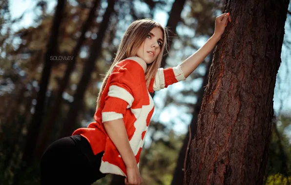 Picture forest, pose, tree, model, hand, sweater, SOLOVЬEV, Artem Soloviev