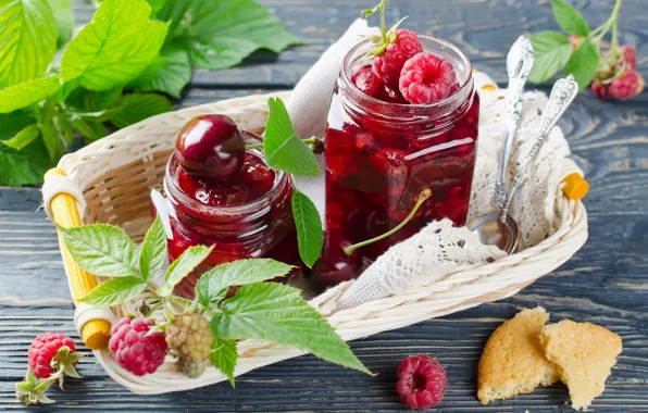Picture cherry, raspberry, Bank, jam