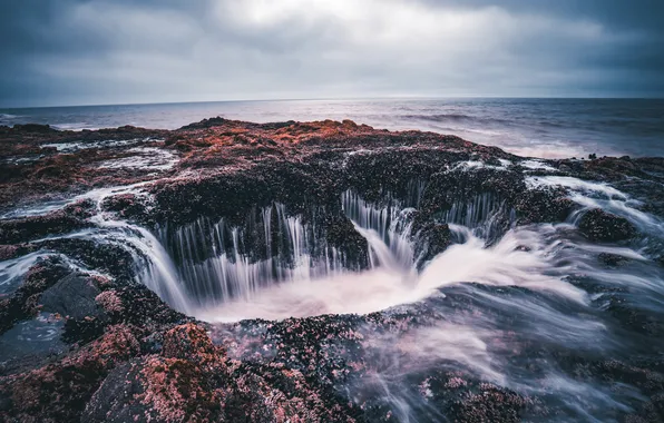 Sea, clouds, stones, overcast, rocks, shore, waterfall, The funnel