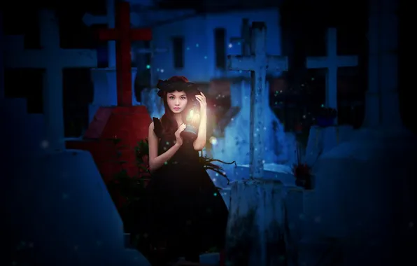 Girl, light, lamp, Asian