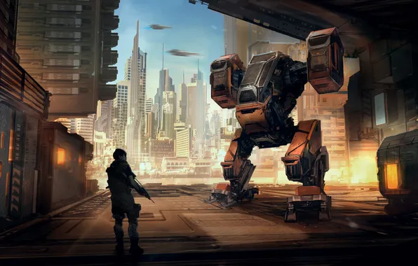 The city, people, robot, skyscrapers, port, security, loader