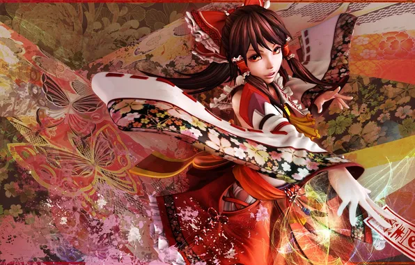 Picture girl, butterfly, abstraction, characters, kimono, bow, touhou, card