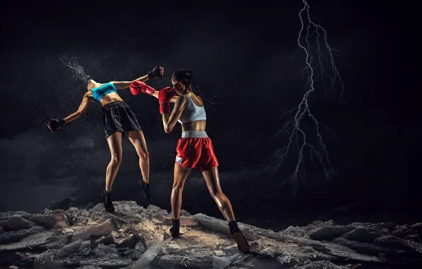 The sky, night, stones, girls, lightning, photoshop, Boxing, blow