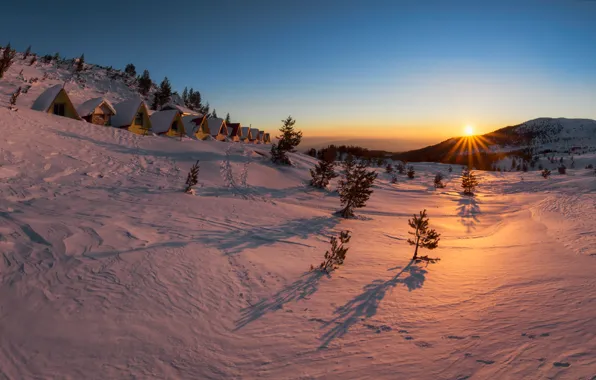 Winter, the sky, snow, sunset, horizon, hut, Bulgaria, Pirin national Park