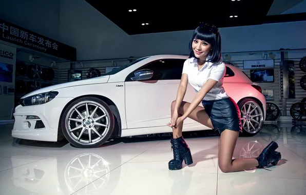 Look, Girls, Volkswagen, Asian, beautiful girl, white car, against the machine