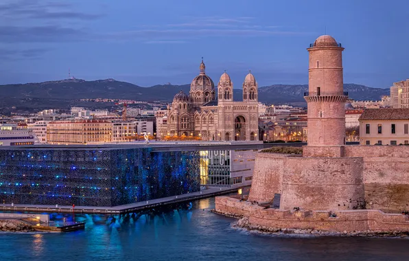 Sea, building, tower, Cathedral, Fort, fortress, France, Marseille