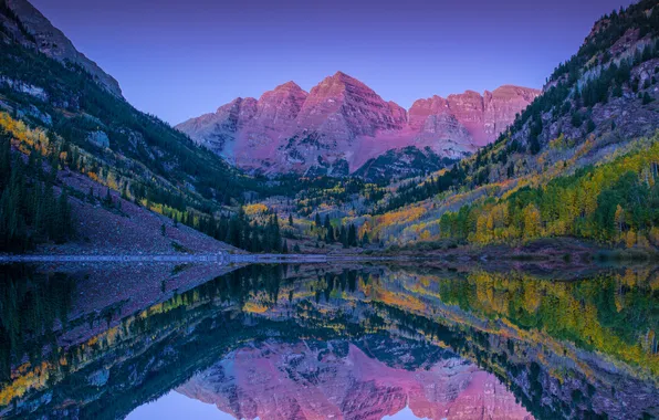 Autumn, forest, mountains, lake, reflection, the slopes, twilight, Bank