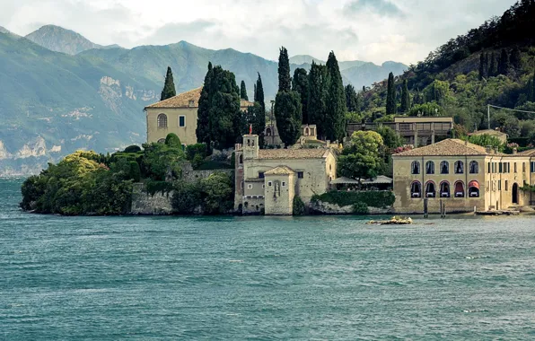 Mountains, lake, house, Italy, Garda