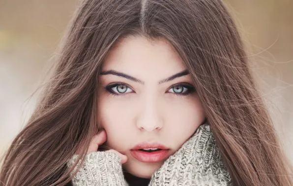 Picture touching face, brunette, blue eyes, long hair, Jovana Rikala, photo, looking at viewer, face