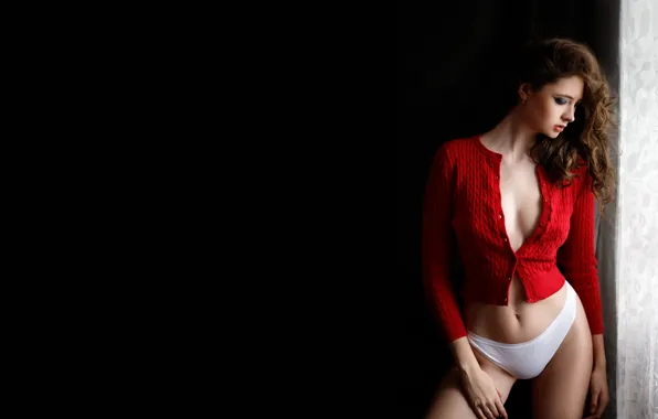 Sexy, pose, model, panties, makeup, figure, hairstyle, curtains