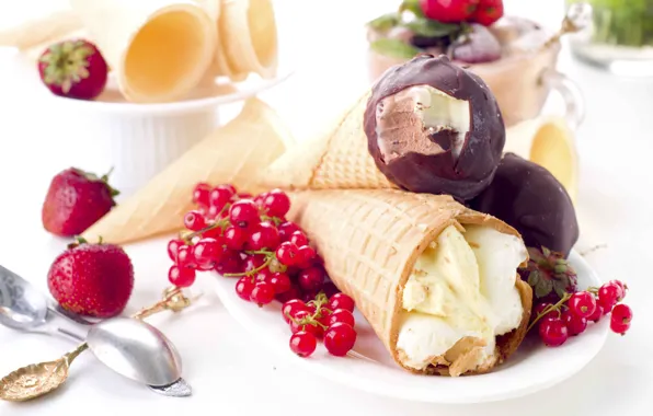 Picture berries, chocolate, strawberry, ice cream, horn, currants