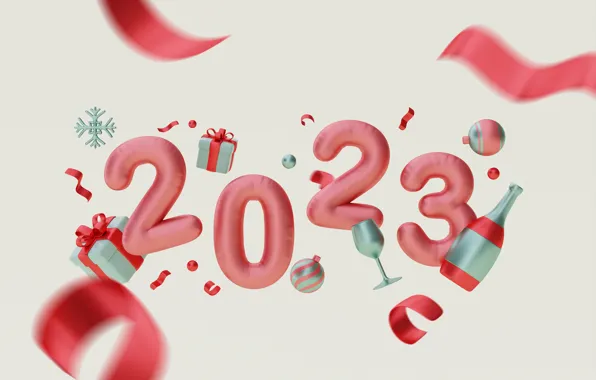 Balls, wine, glass, bottle, figures, gifts, New year, pink