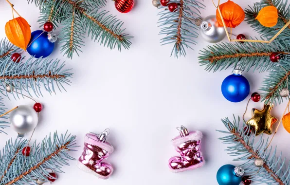 Balls, branches, star, Christmas, white background, New year, beads, pink