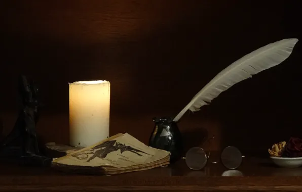 Pen, Candle, glasses, book