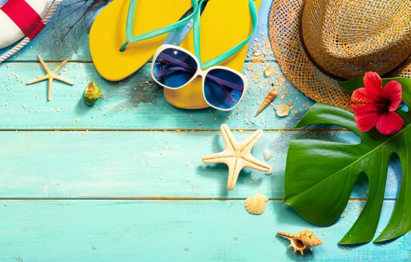 Beach, summer, stars, stay, hat, glasses, shell, summer