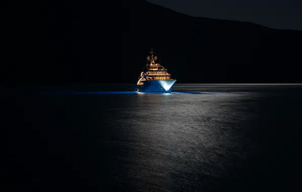 Picture sea, night, lights, yacht, super, mega, mountains., super yacht