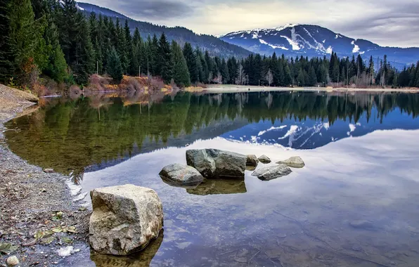 Forest, water, mountains, lake, reflection, stones, shore, Canada