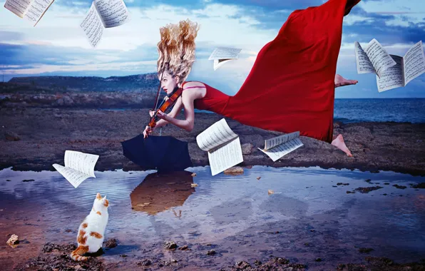 BLONDE, DRESS, CAT, NOTES, UMBRELLA, VIOLIN